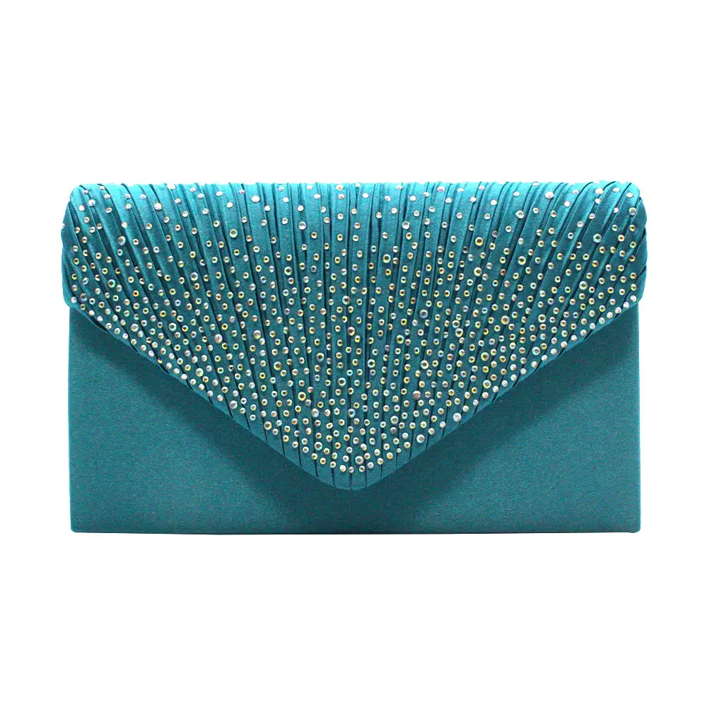 Pink Satin Pleated Clutch Bag with Crystal Embellishment