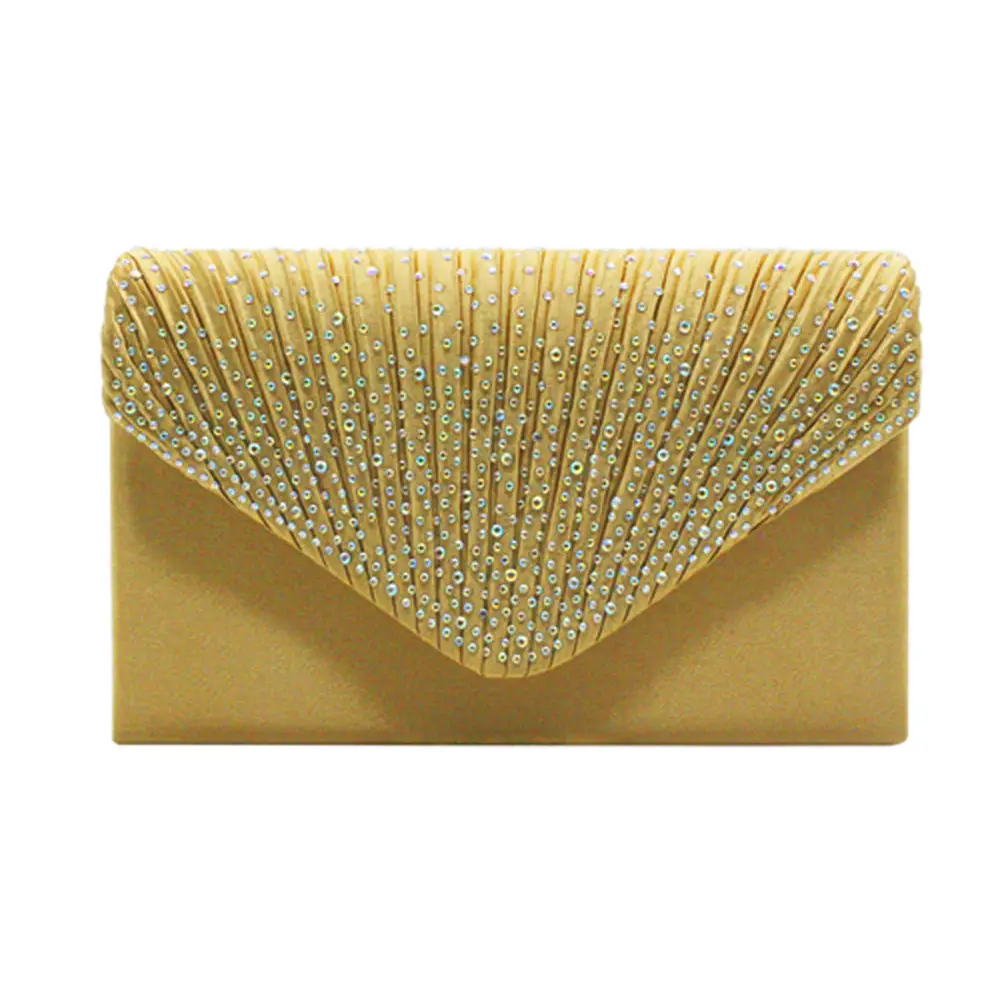 Pink Satin Pleated Clutch Bag with Crystal Embellishment