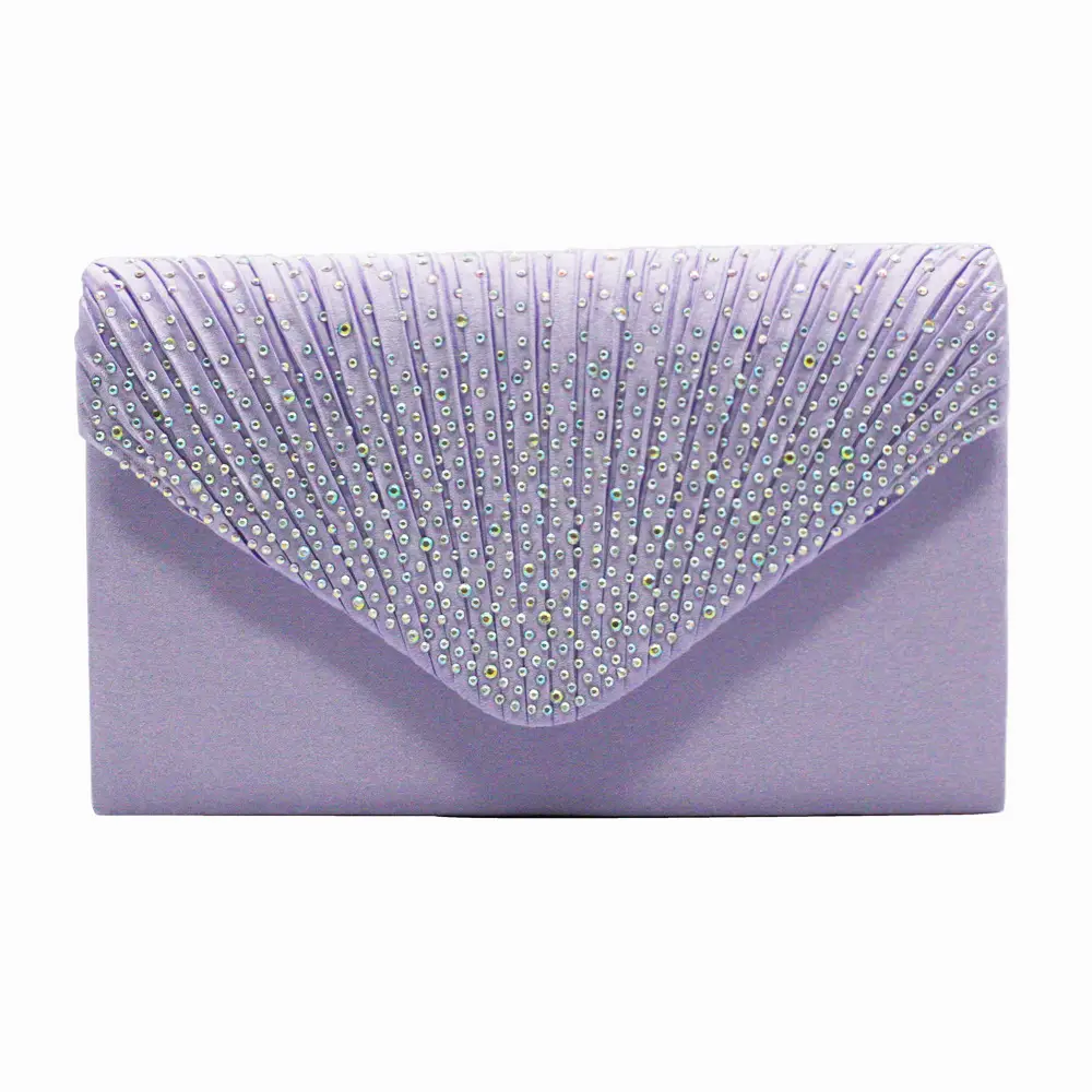 Pink Satin Pleated Clutch Bag with Crystal Embellishment