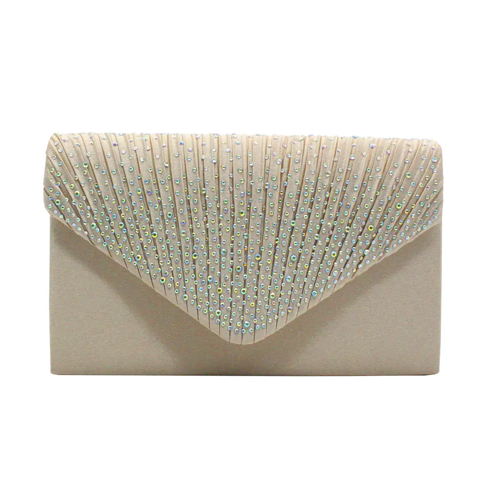 Pink Satin Pleated Clutch Bag with Crystal Embellishment