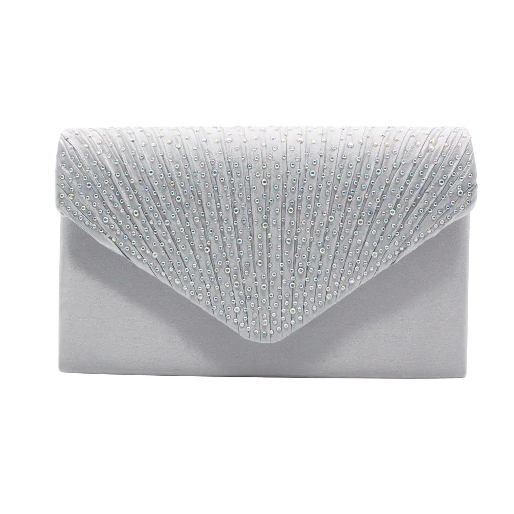 Pink Satin Pleated Clutch Bag with Crystal Embellishment