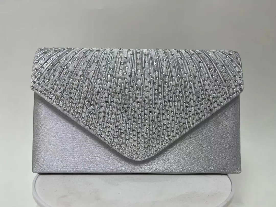 Pink Satin Pleated Clutch Bag with Crystal Embellishment