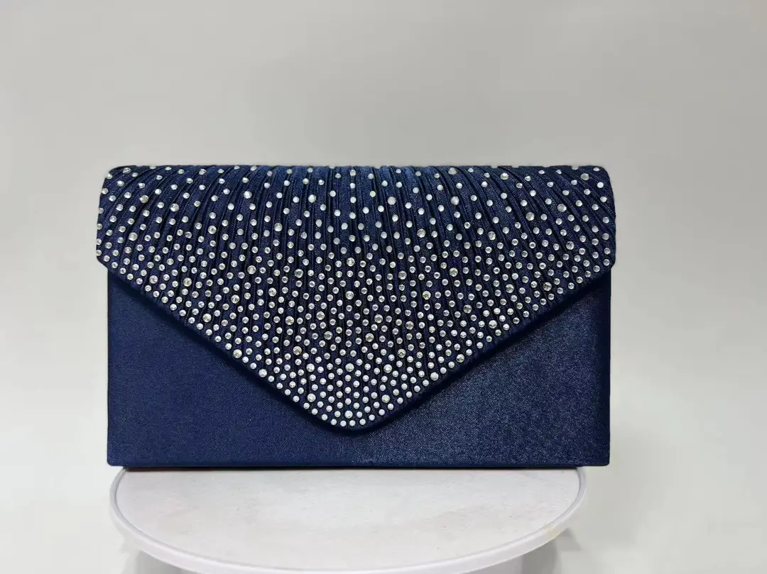 Pink Satin Pleated Clutch Bag with Crystal Embellishment