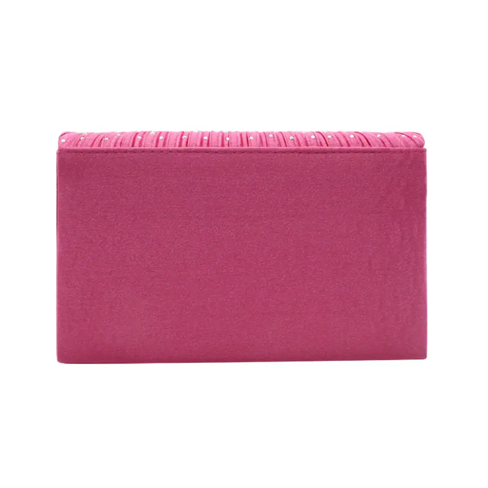 Pink Satin Pleated Clutch Bag with Crystal Embellishment