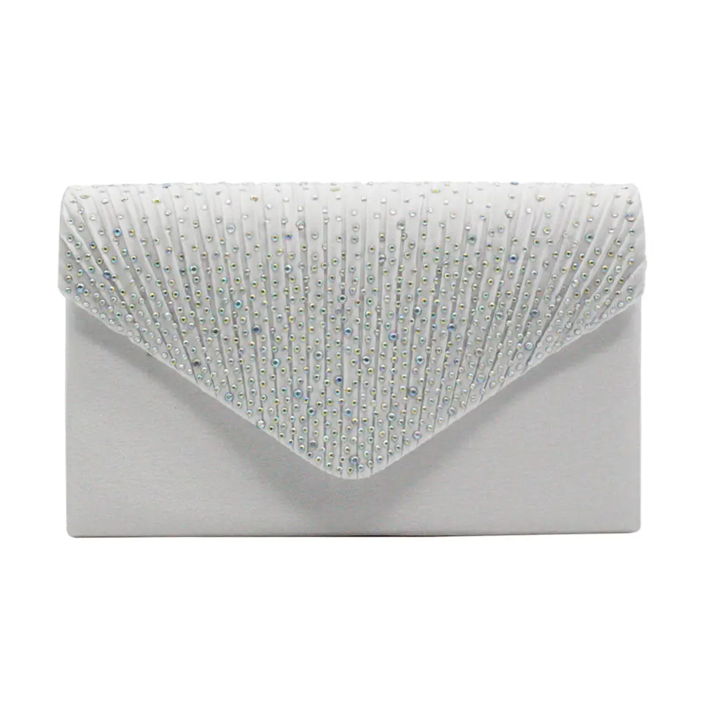 Pink Satin Pleated Clutch Bag with Crystal Embellishment