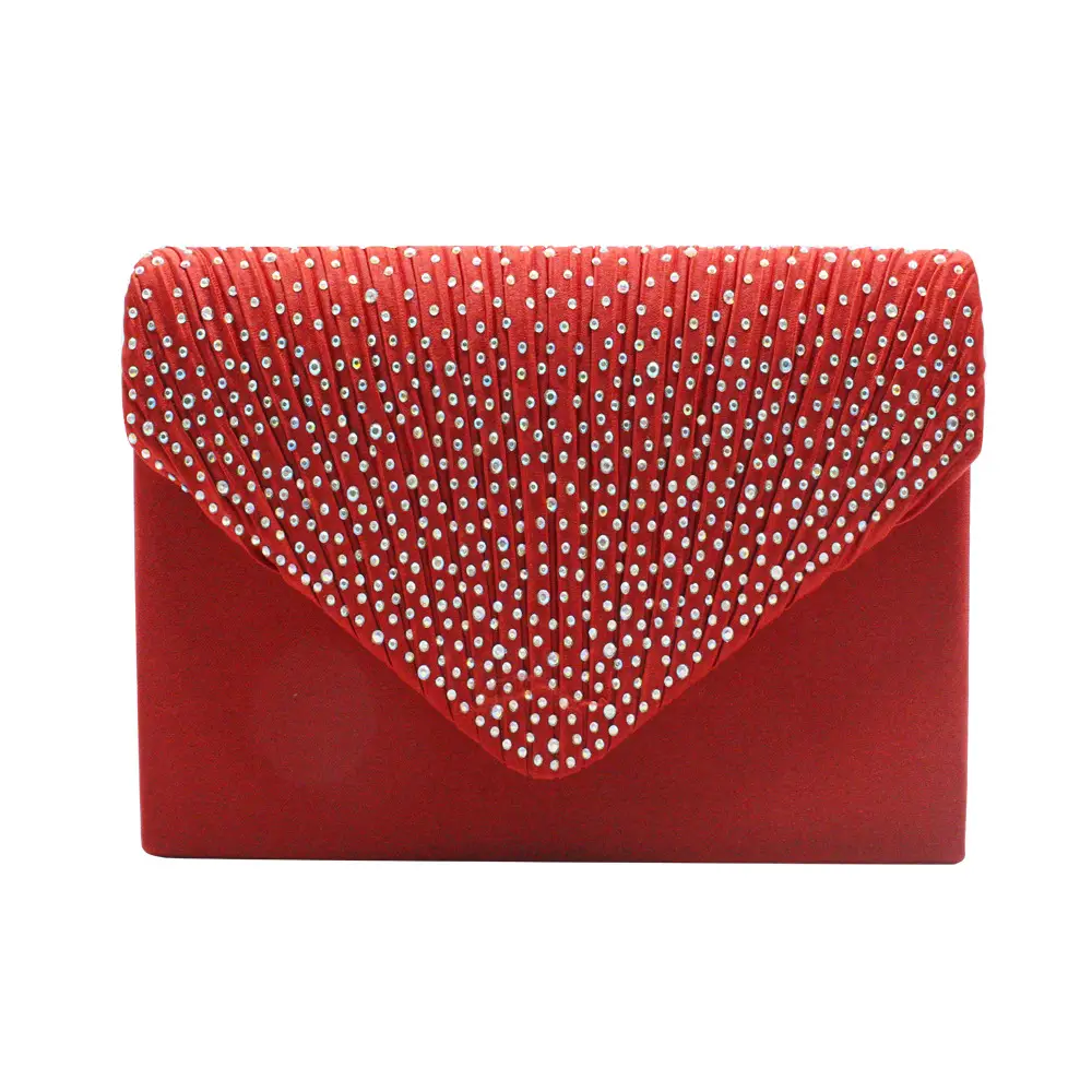 Pink Satin Pleated Clutch Bag with Crystal Embellishment