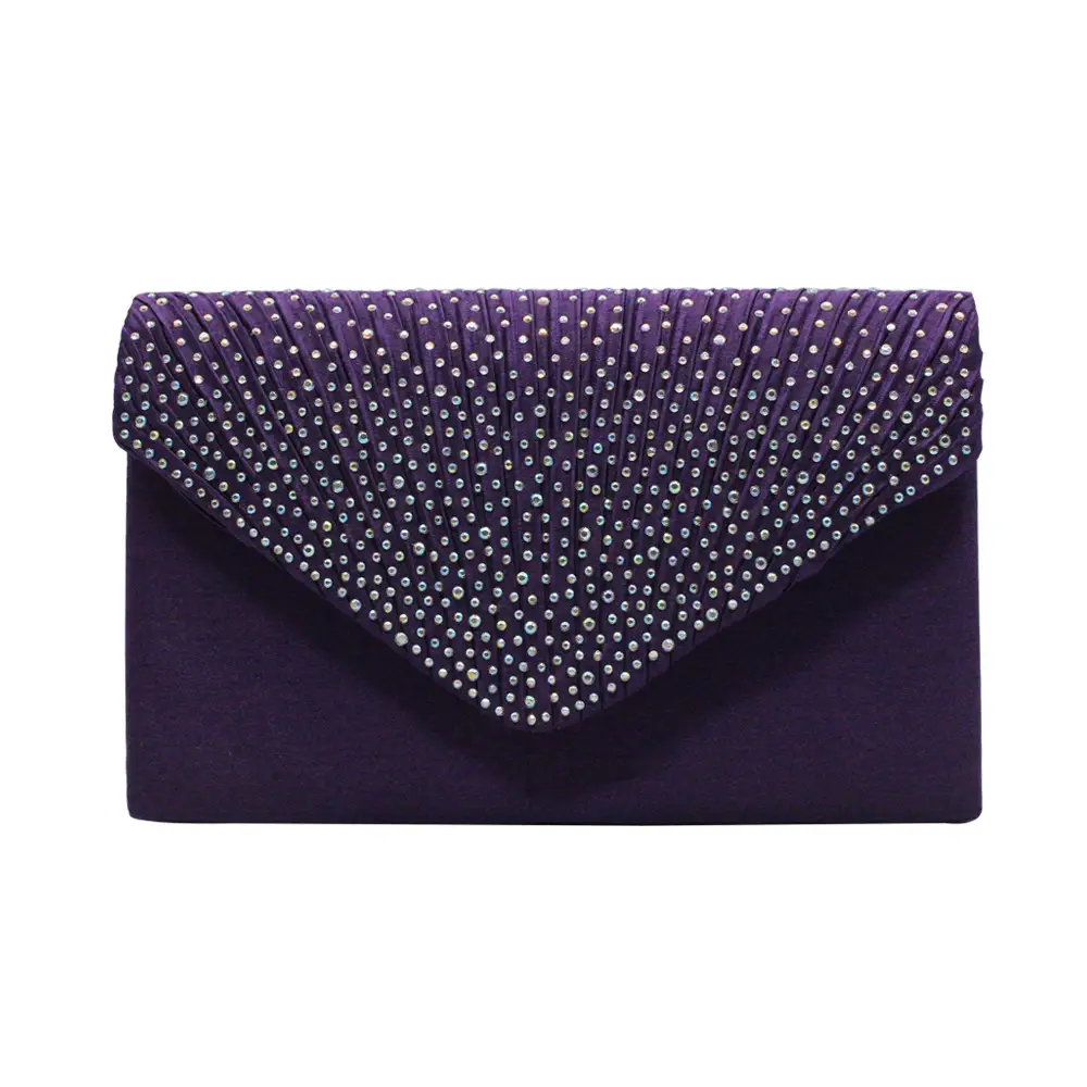 Pink Satin Pleated Clutch Bag with Crystal Embellishment