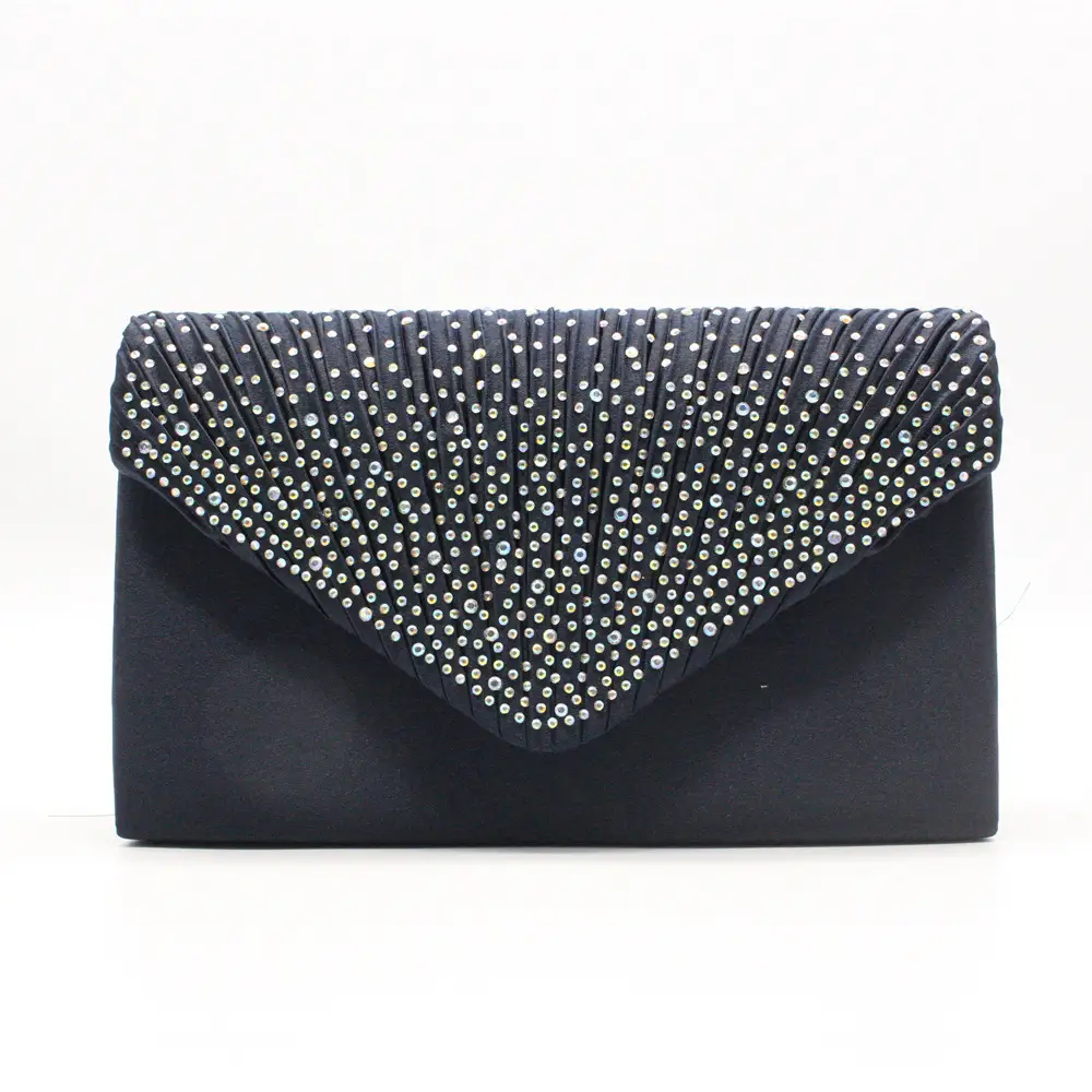 Pink Satin Pleated Clutch Bag with Crystal Embellishment