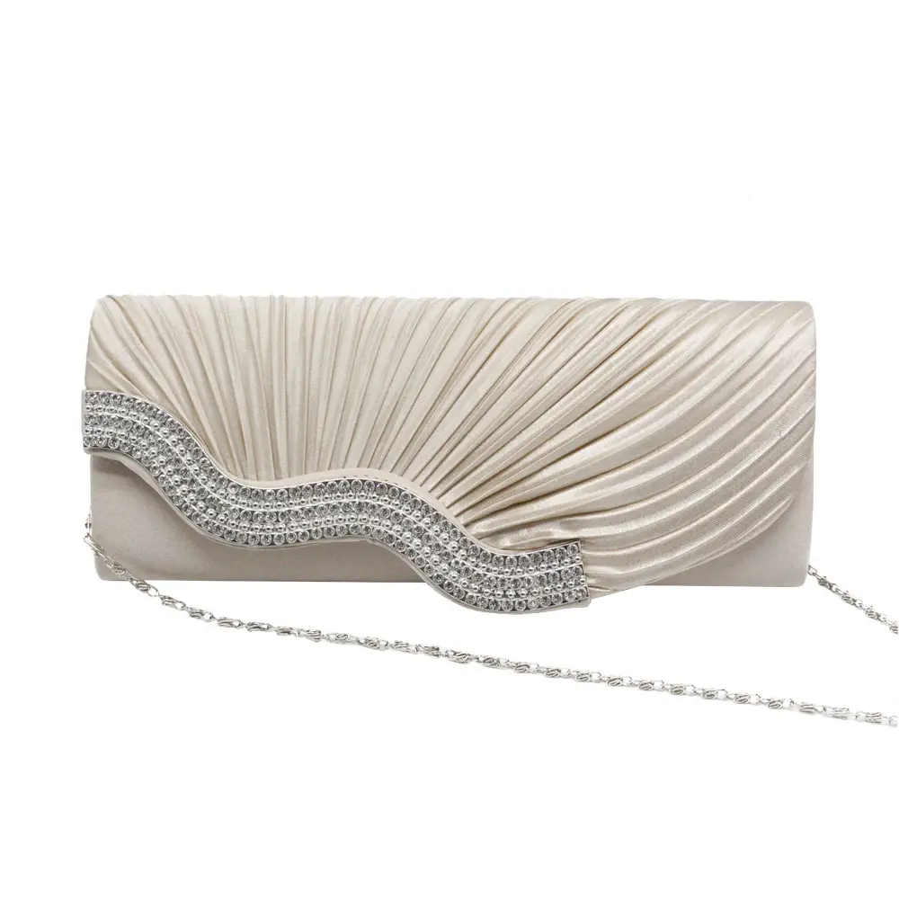 Red Pleated Rhinestone Clutch Bag with Chain for Women