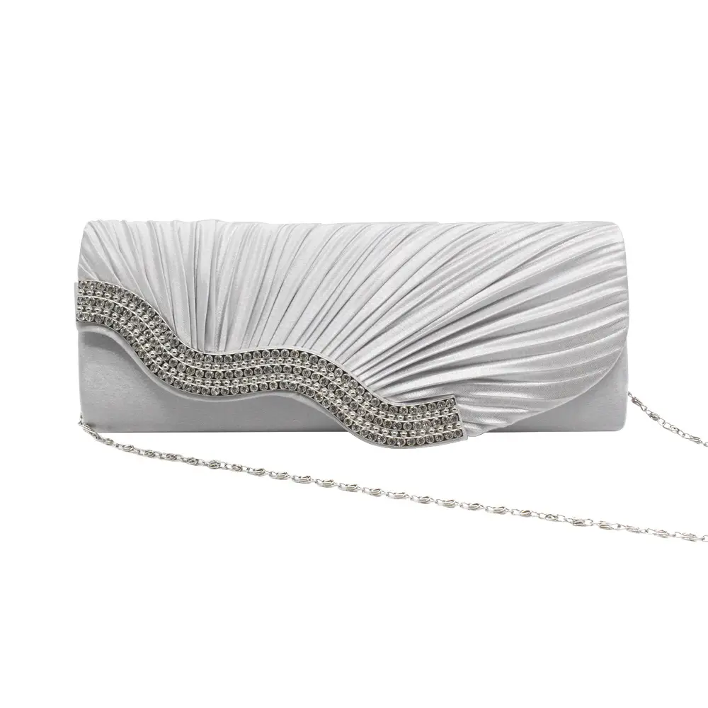 Red Pleated Rhinestone Clutch Bag with Chain for Women