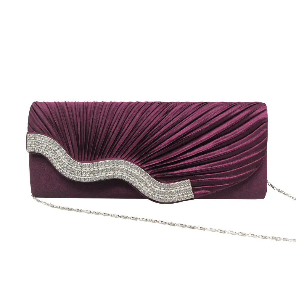 Red Pleated Rhinestone Clutch Bag with Chain for Women