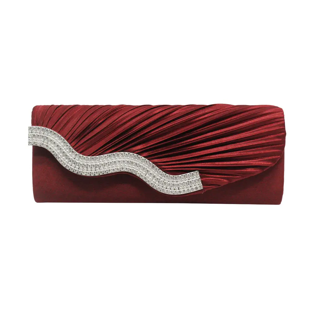 Red Pleated Rhinestone Clutch Bag with Chain for Women