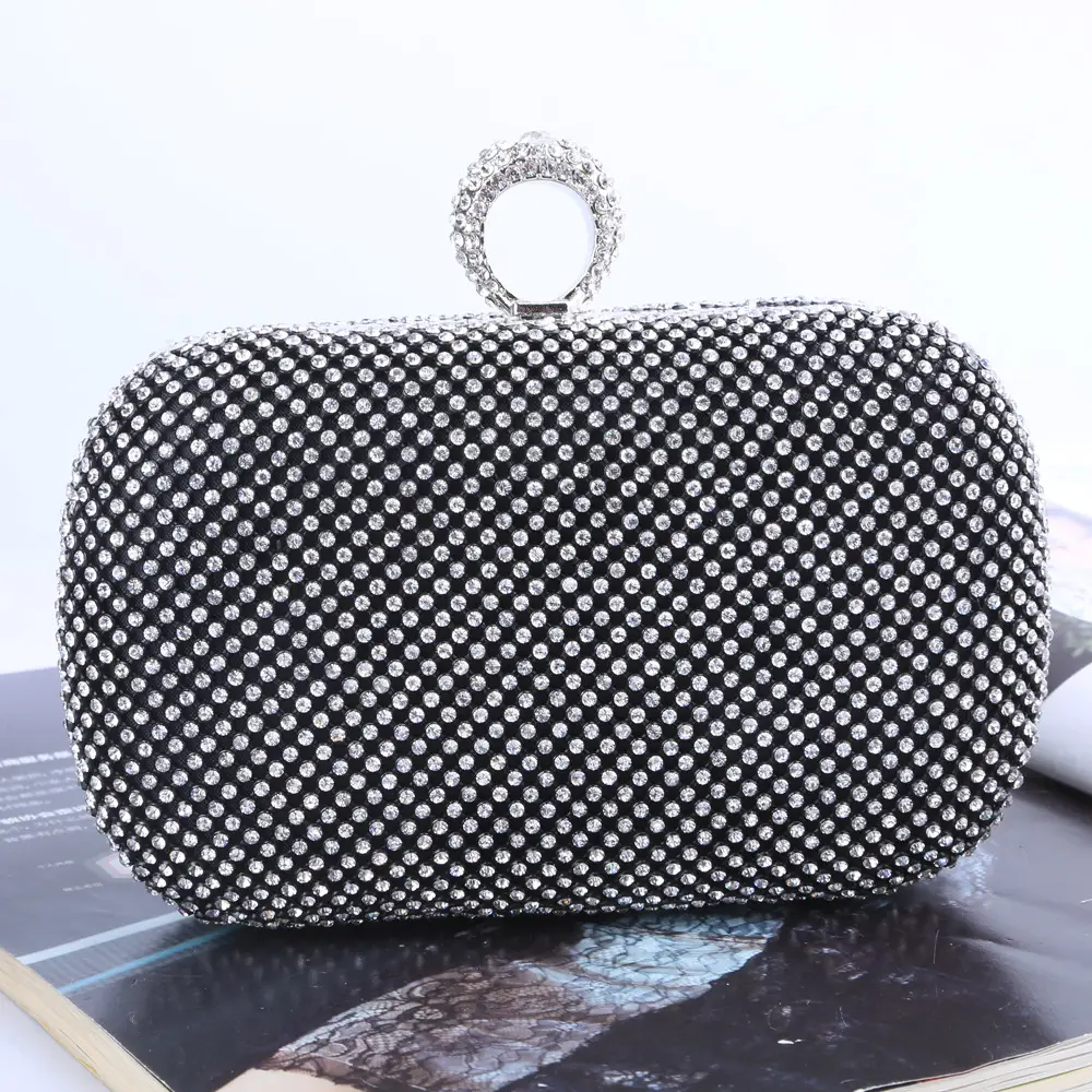Gold Rhinestone Clutch Bag with Ring Handle