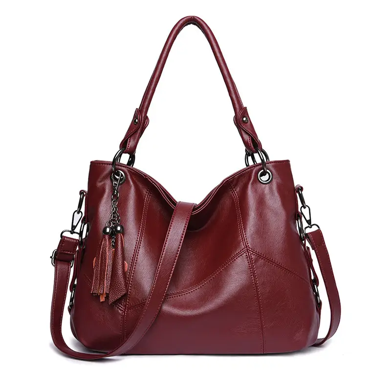 Red Soft Leather Crossbody Bag with Tassel for Women