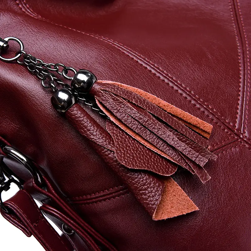 Red Soft Leather Crossbody Bag with Tassel for Women