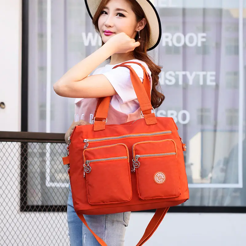 Purple Nylon Shoulder Bag for Women with Zip Pockets