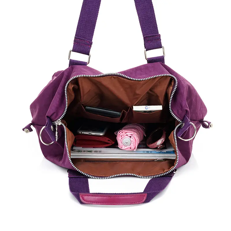 Purple Nylon Shoulder Bag for Women with Zip Pockets