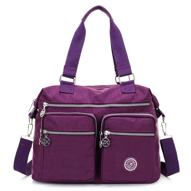 Purple Nylon Shoulder Bag for Women with Zip Pockets