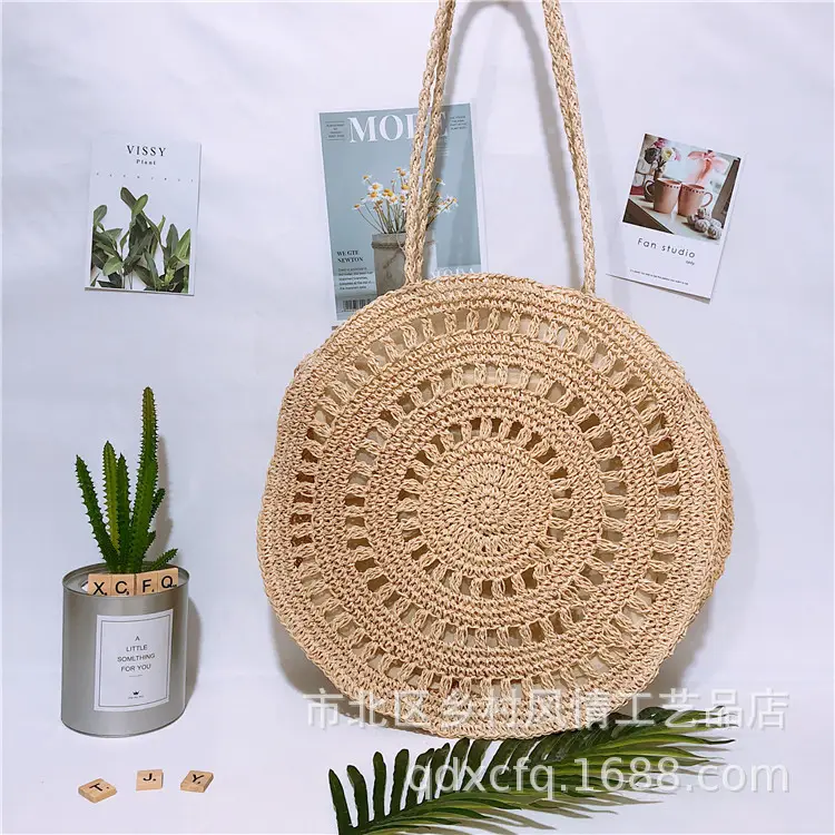 Women's Round Woven Grass Shoulder Bag Beach Casual