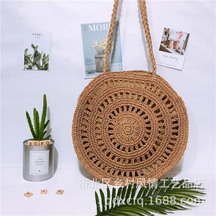 Women's Round Woven Grass Shoulder Bag Beach Casual