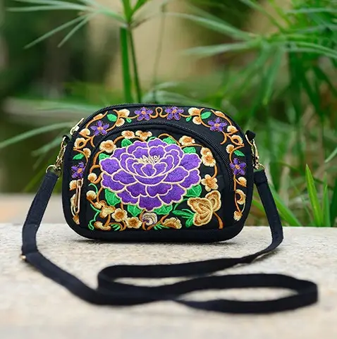 Ethnic Embroidered Crossbody Bag Red Peony Flower