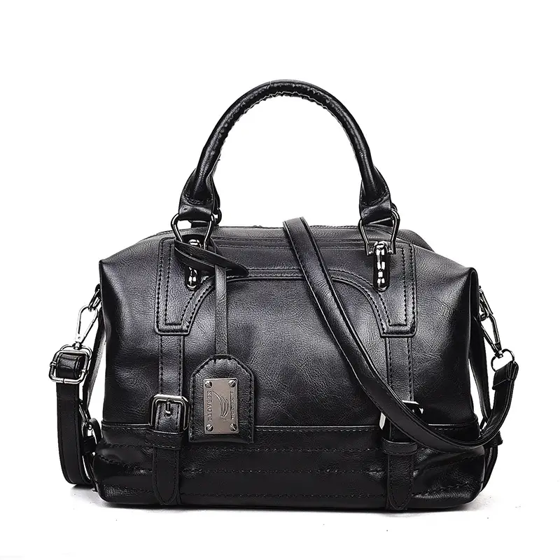 Waxed Leather Boston Bag for Women Retro Shoulder Crossbody