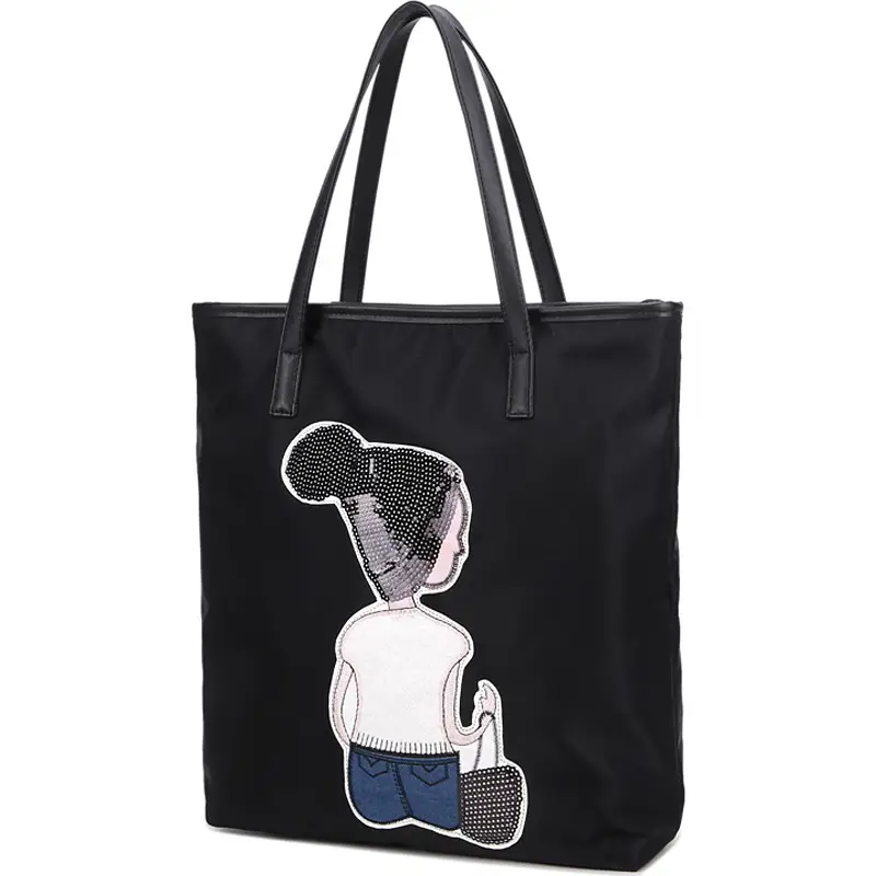 Women Embroidered Shoulder Bag Black Nylon Daily Use