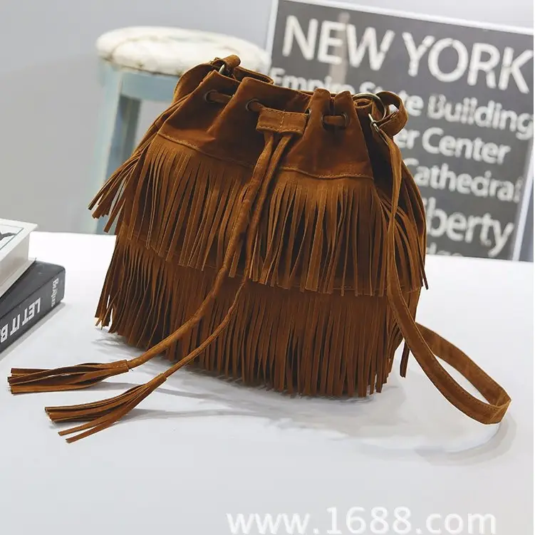 Khaki Velvet Tassel Drawstring Bucket Bag for Women