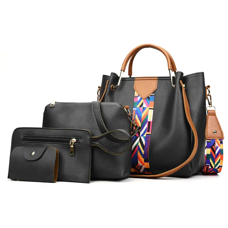 Pink 4-Piece Polyester Handbag Set with Geometric Strap