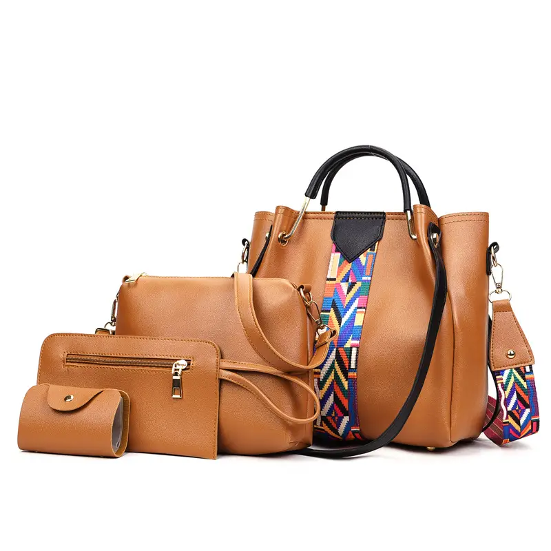Pink 4-Piece Polyester Handbag Set with Geometric Strap