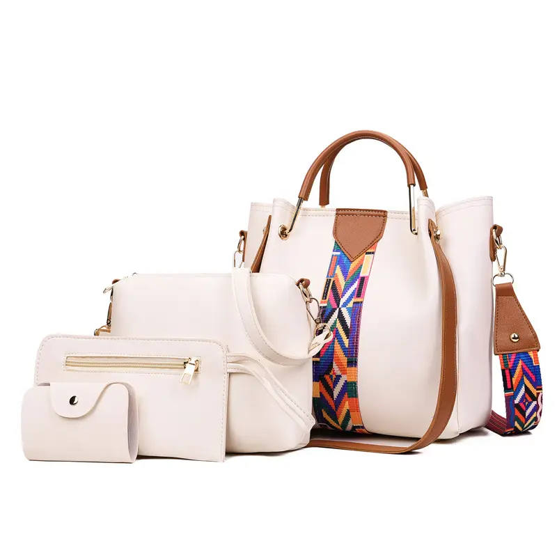 Pink 4-Piece Polyester Handbag Set with Geometric Strap