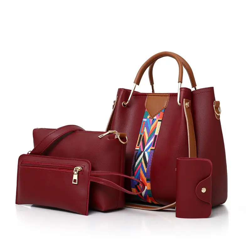 Pink 4-Piece Polyester Handbag Set with Geometric Strap
