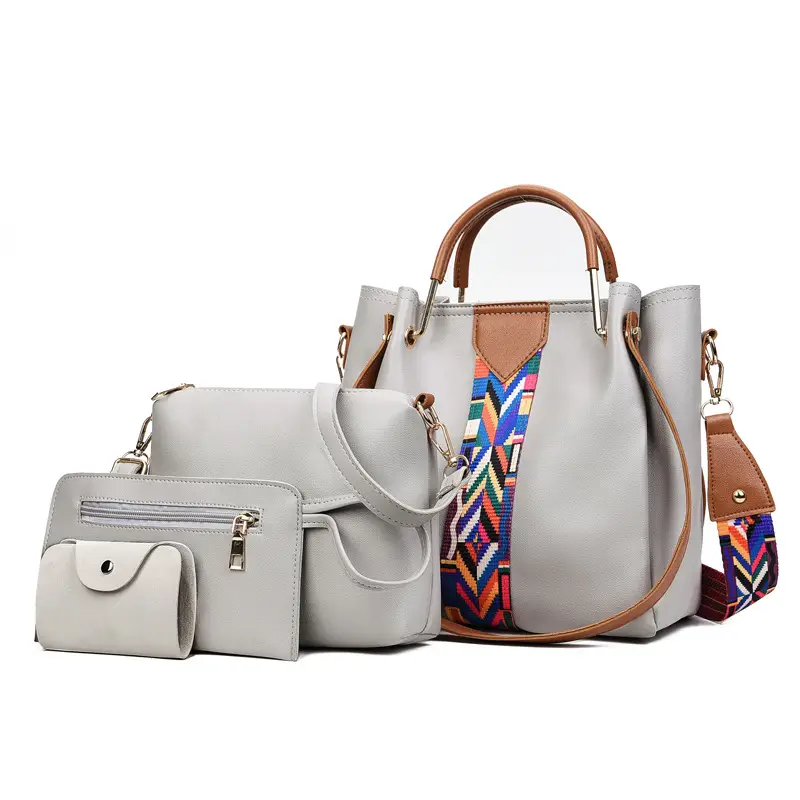 Pink 4-Piece Polyester Handbag Set with Geometric Strap