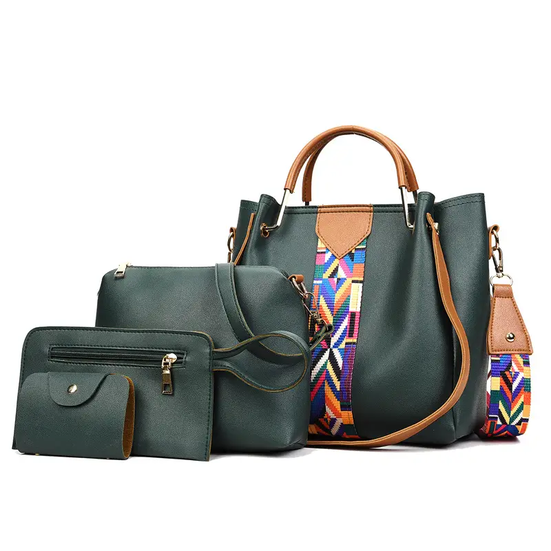 Pink 4-Piece Polyester Handbag Set with Geometric Strap