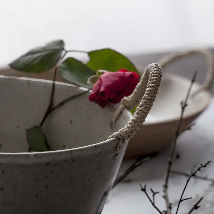 Japanese Stoneware Bowl with Rope Handles for Kitchen & Decor