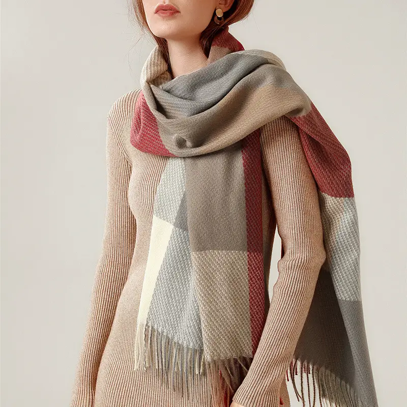 Women Plaid Cashmere Scarf Grey Beige Tassel Fringe