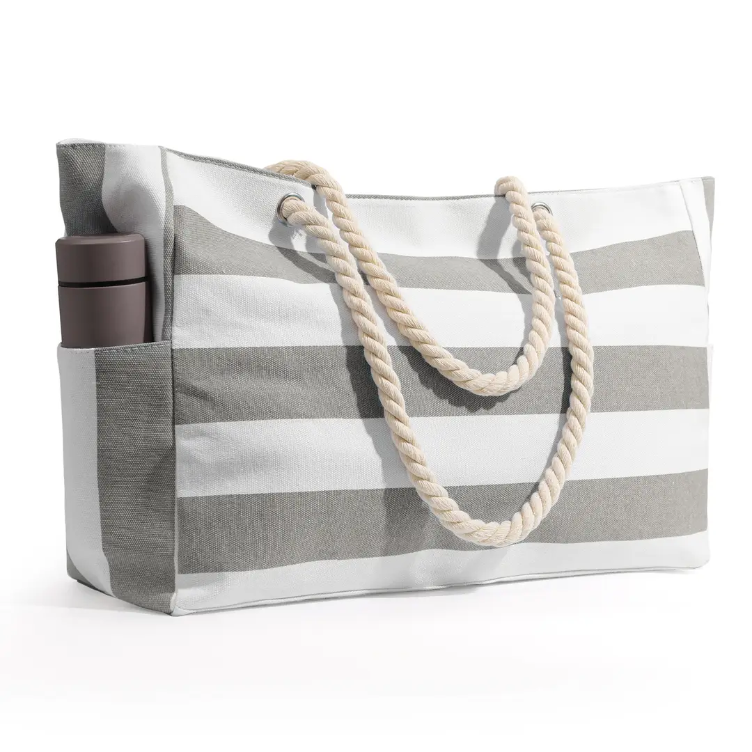 Stylish Blue Striped Canvas Tote Bag for Travel & Beach Use
