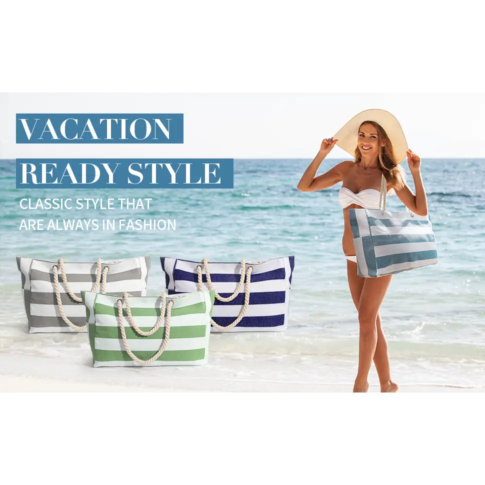 Stylish Blue Striped Canvas Tote Bag for Travel & Beach Use