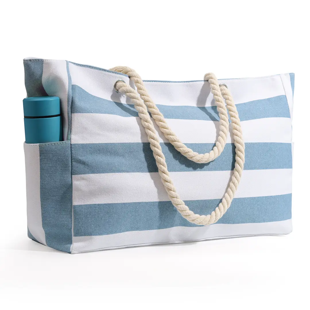 Stylish Blue Striped Canvas Tote Bag for Travel & Beach Use