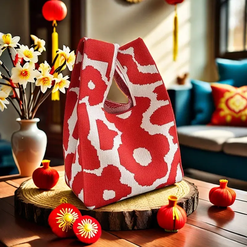 Blue Floral Knitted Handbag for Women