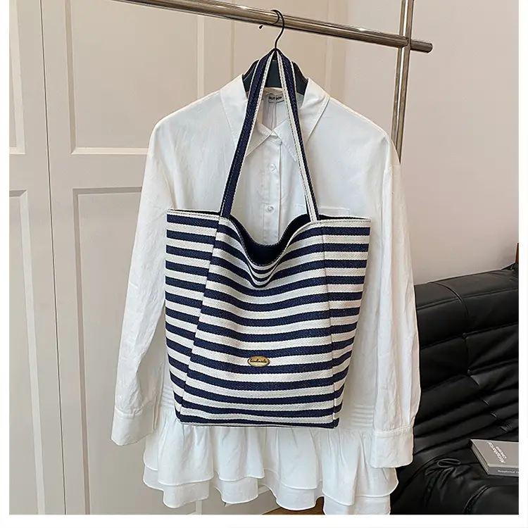 Dark Blue Striped Canvas Tote Bag for Women