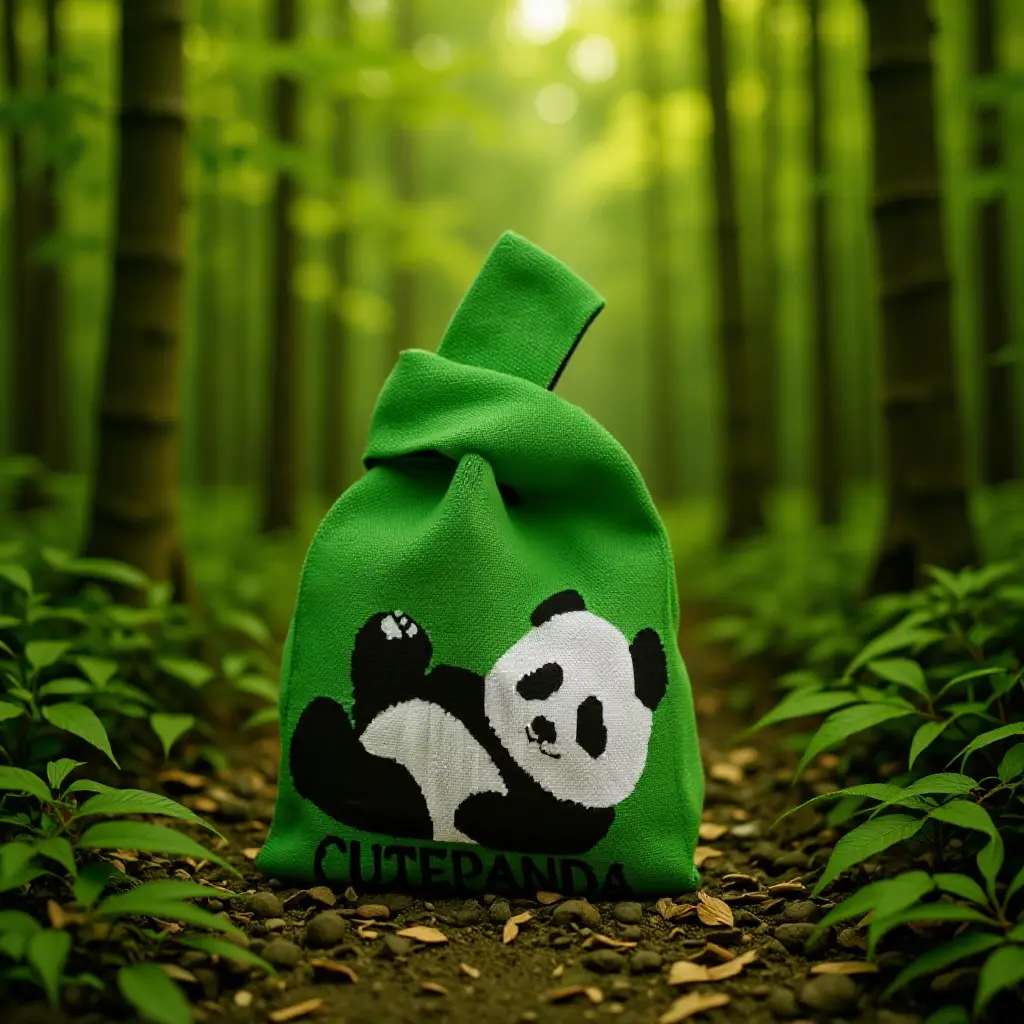 Green Knitted Panda Bag for Kids School Picnics