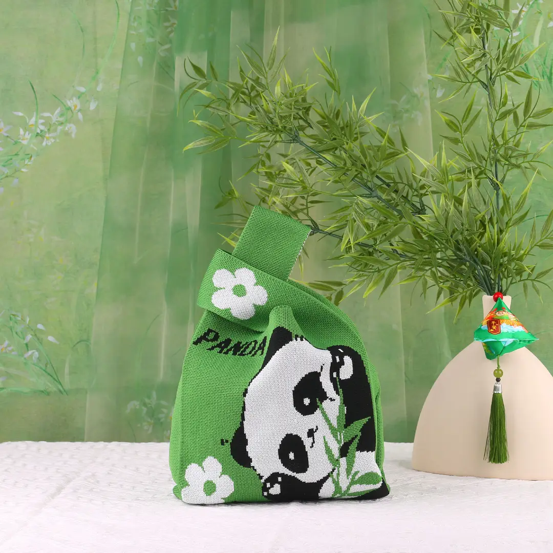 Green Knitted Panda Bag for Kids School Picnics