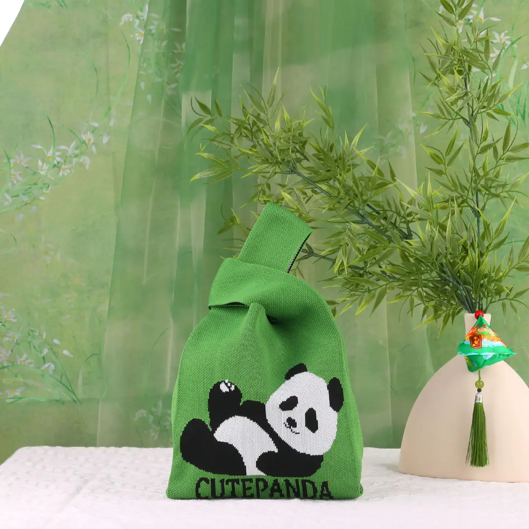 Green Knitted Panda Bag for Kids School Picnics