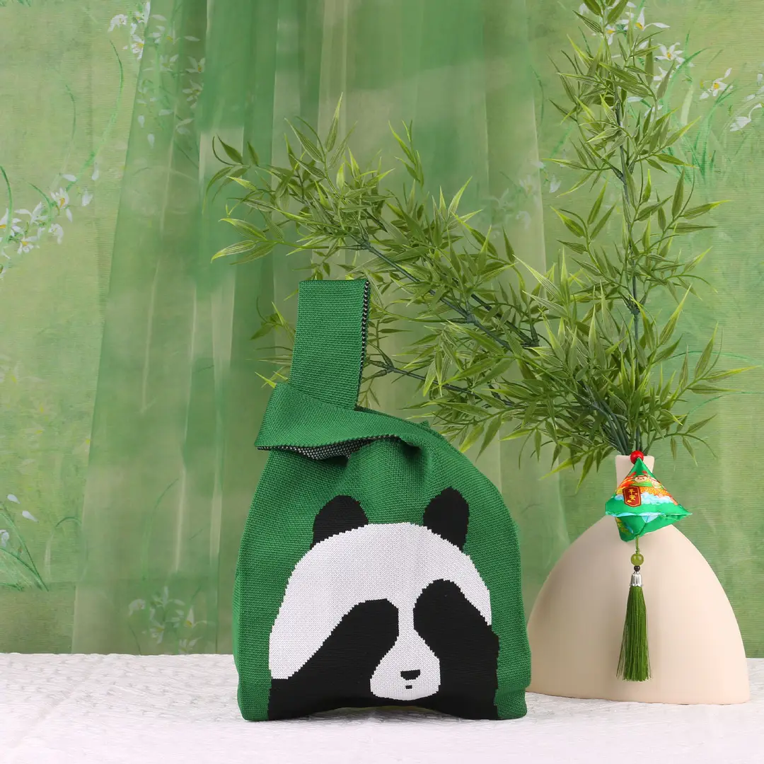 Green Knitted Panda Bag for Kids School Picnics
