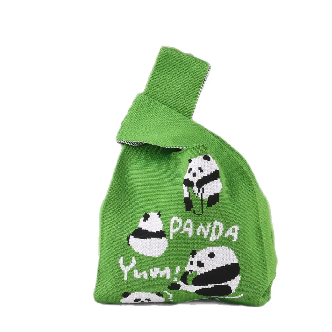 Green Knitted Panda Bag for Kids School Picnics