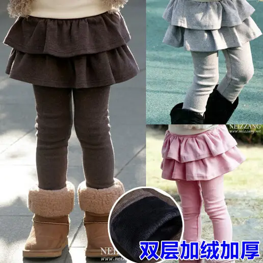 Girls Faux Two-Piece Fleece-Lined Warm Skirt Pants Autumn Winter