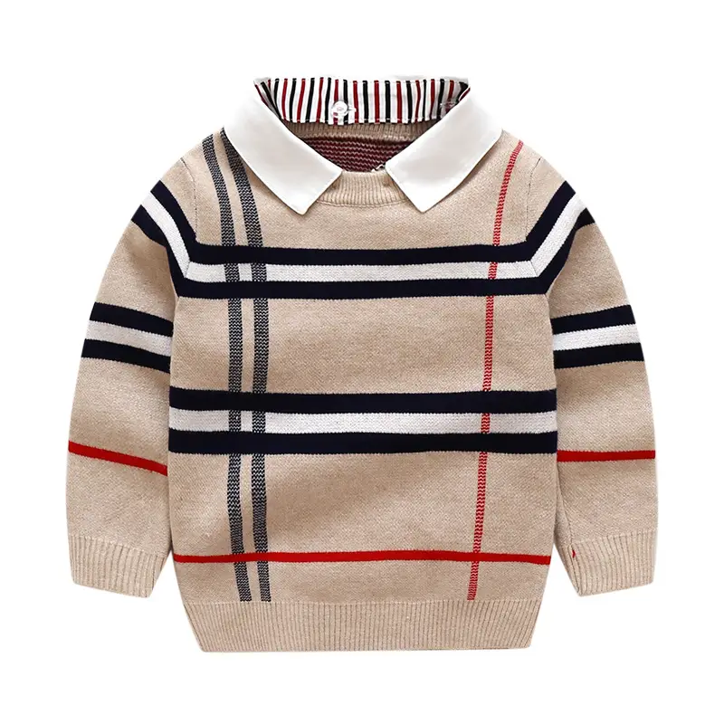 Kids Plaid Collar Sweater Boy Spring Beige