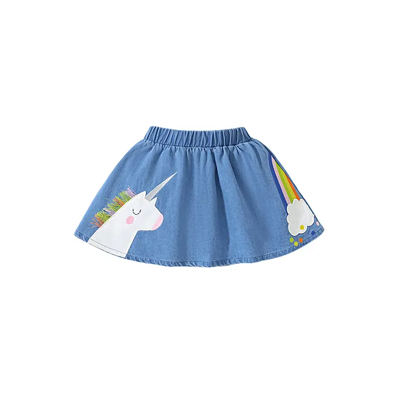Denim Skirt for Girls with Rainbow Embroidery Summer