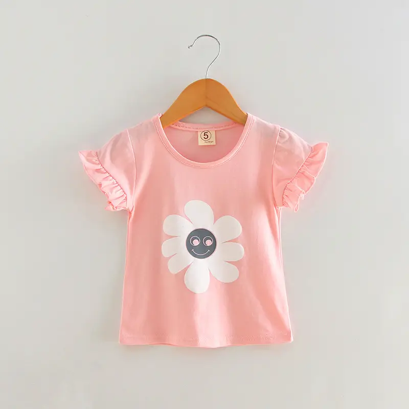 Girls Summer Pink Flower T-Shirt with Ruffled Sleeves